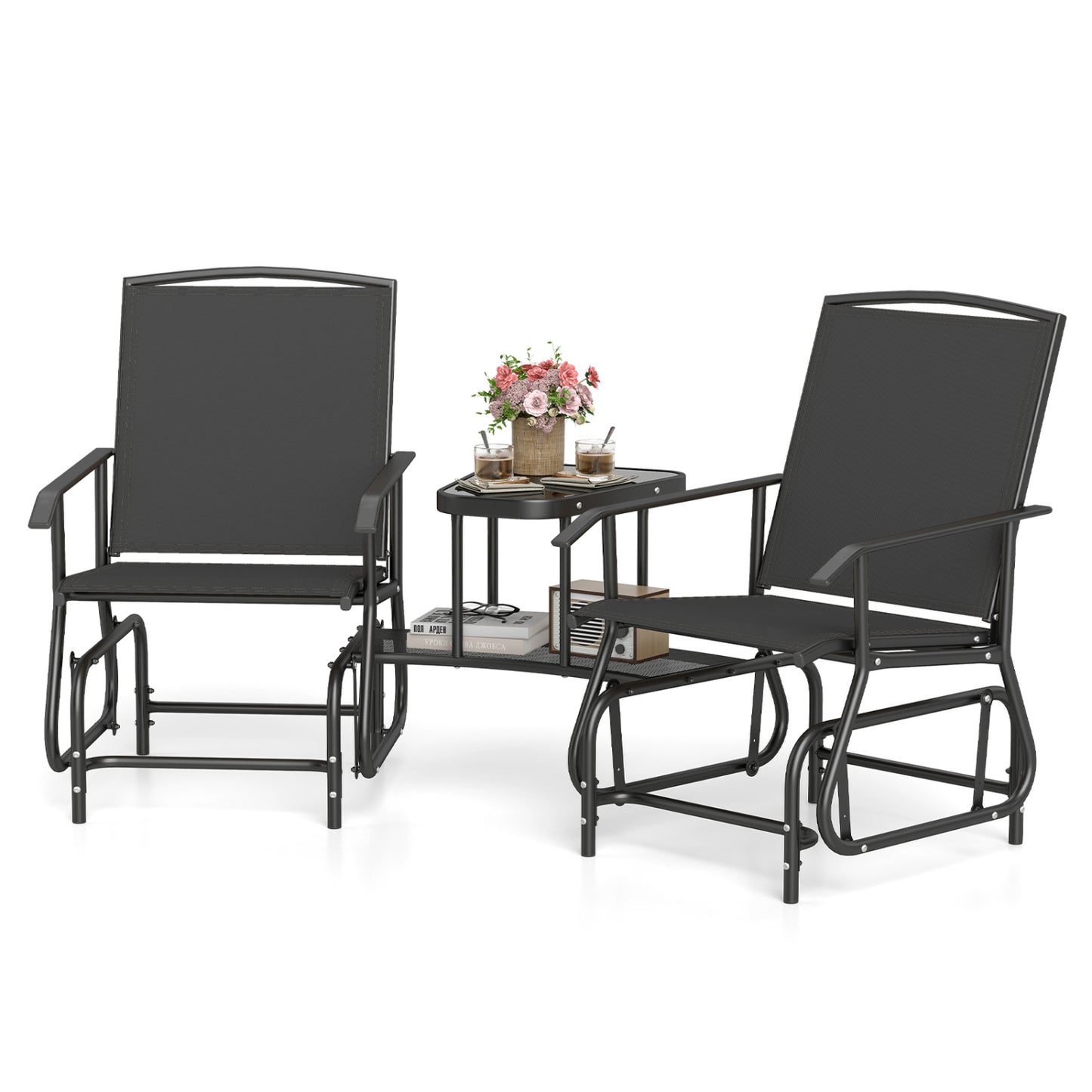 2-Seater Outdoor Glider Bench with 2-Tier Center Table-Beige