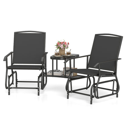 2-Seater Outdoor Glider Bench with 2-Tier Center Table-Beige