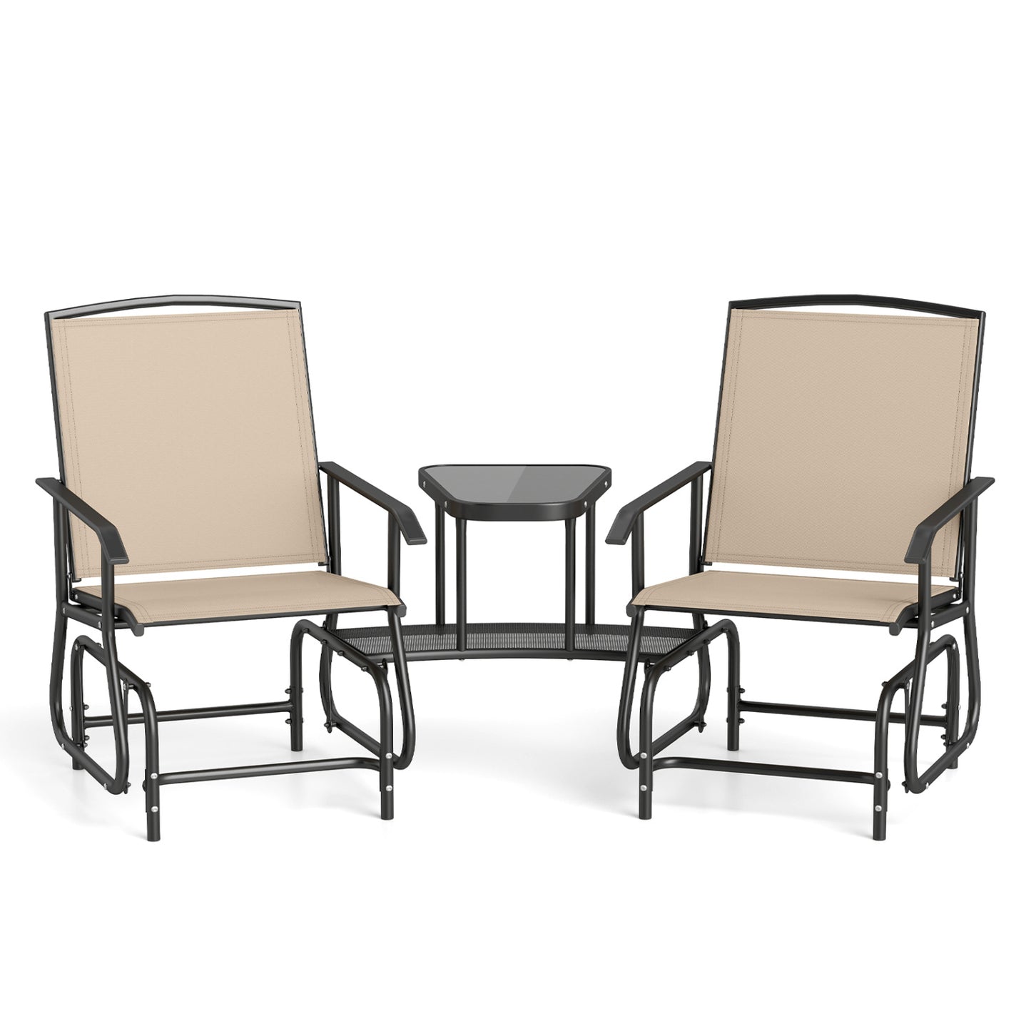 2-Seater Outdoor Glider Bench with 2-Tier Center Table-Beige