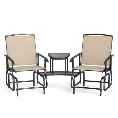 2-Seater Outdoor Glider Bench with 2-Tier Center Table-Beige