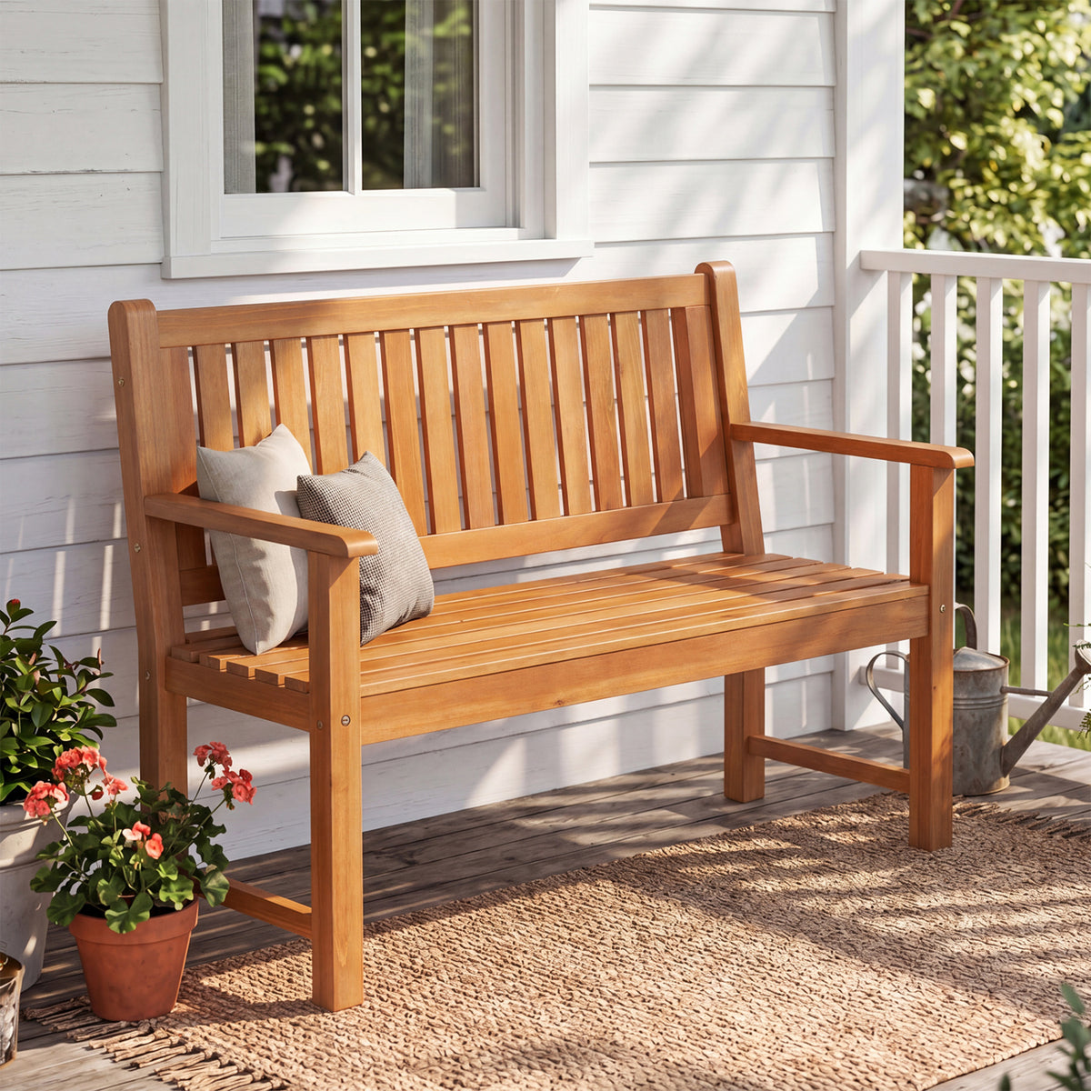 Brown 2-seater outdoor wooden bench with backrest and armrests, ideal for patio seating, by Wilsons Home Store.