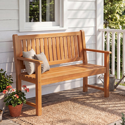Brown 2-seater outdoor wooden bench with backrest and armrests, ideal for patio seating, by Wilsons Home Store.