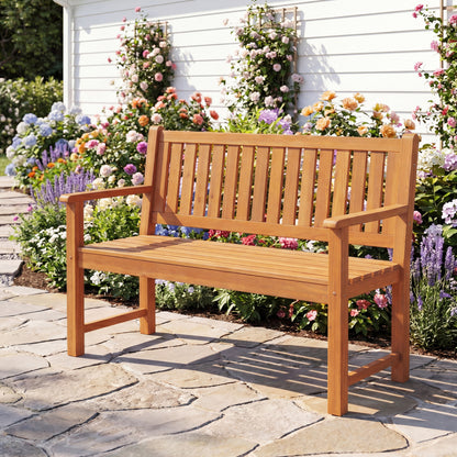 Brown 2-seater outdoor wooden bench with backrest and armrests, perfect for patio seating, by Wilsons Home Store