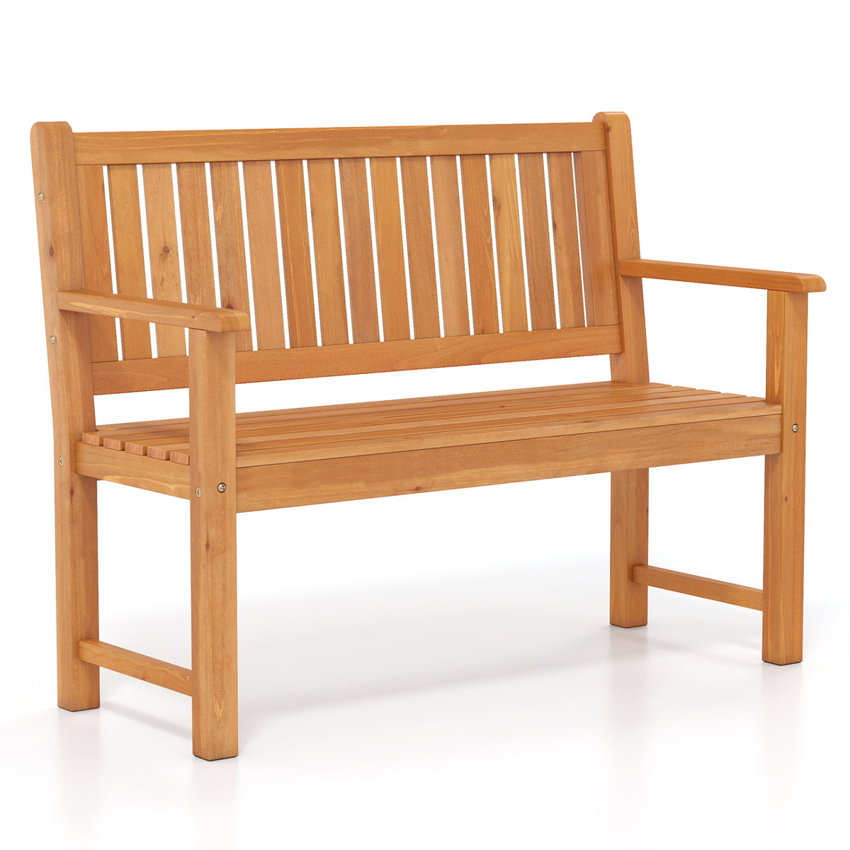 Brown 2-seater outdoor wooden bench with backrest and armrests, perfect for patio seating, by Wilsons Home Store