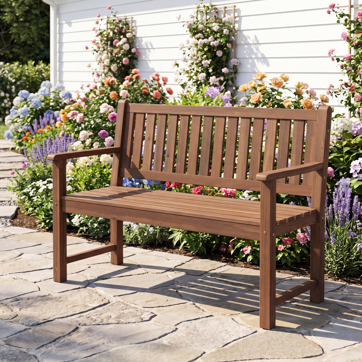Brown 2-seater outdoor wooden bench with backrest and armrests, perfect for patio seating, by Direct by Wilsons Home Store.
