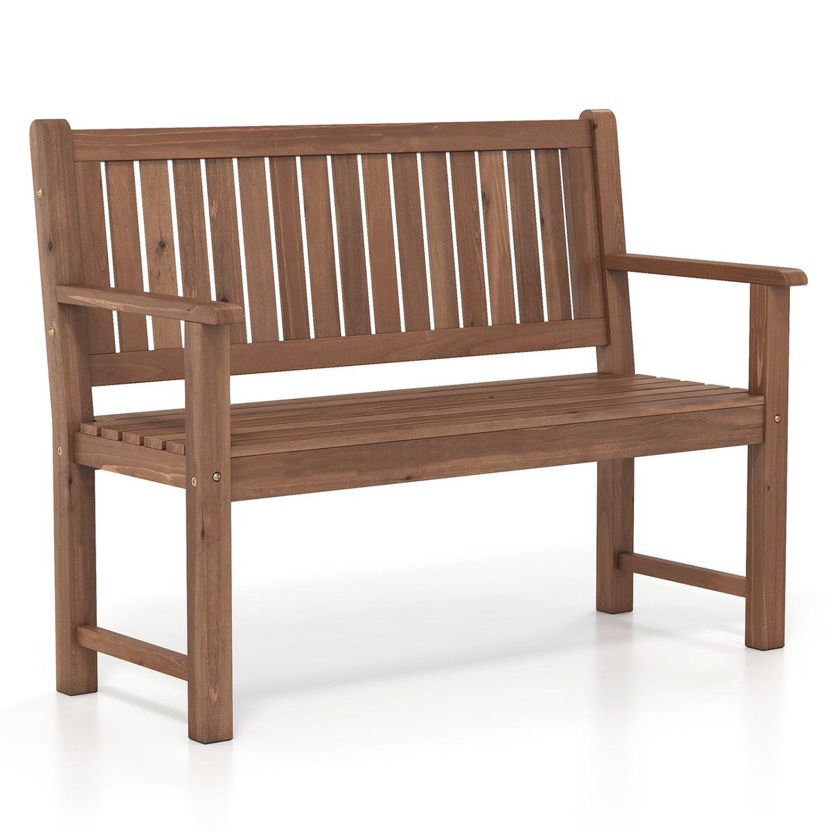 Brown 2-seater outdoor wooden bench with backrest and armrests, perfect for patio seating, by Wilsons Home Store