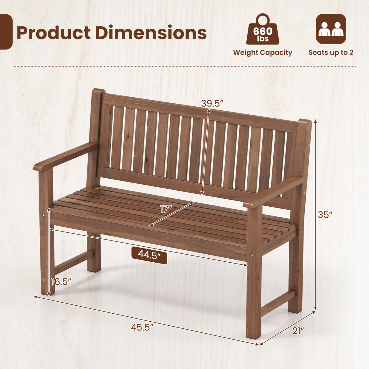 Brown 2-seater outdoor wooden bench with backrest and armrests, designed for patio and garden seating.