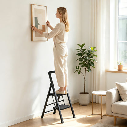 3 Step Black Folding Step Stool with Wide Anti-slip Pedals