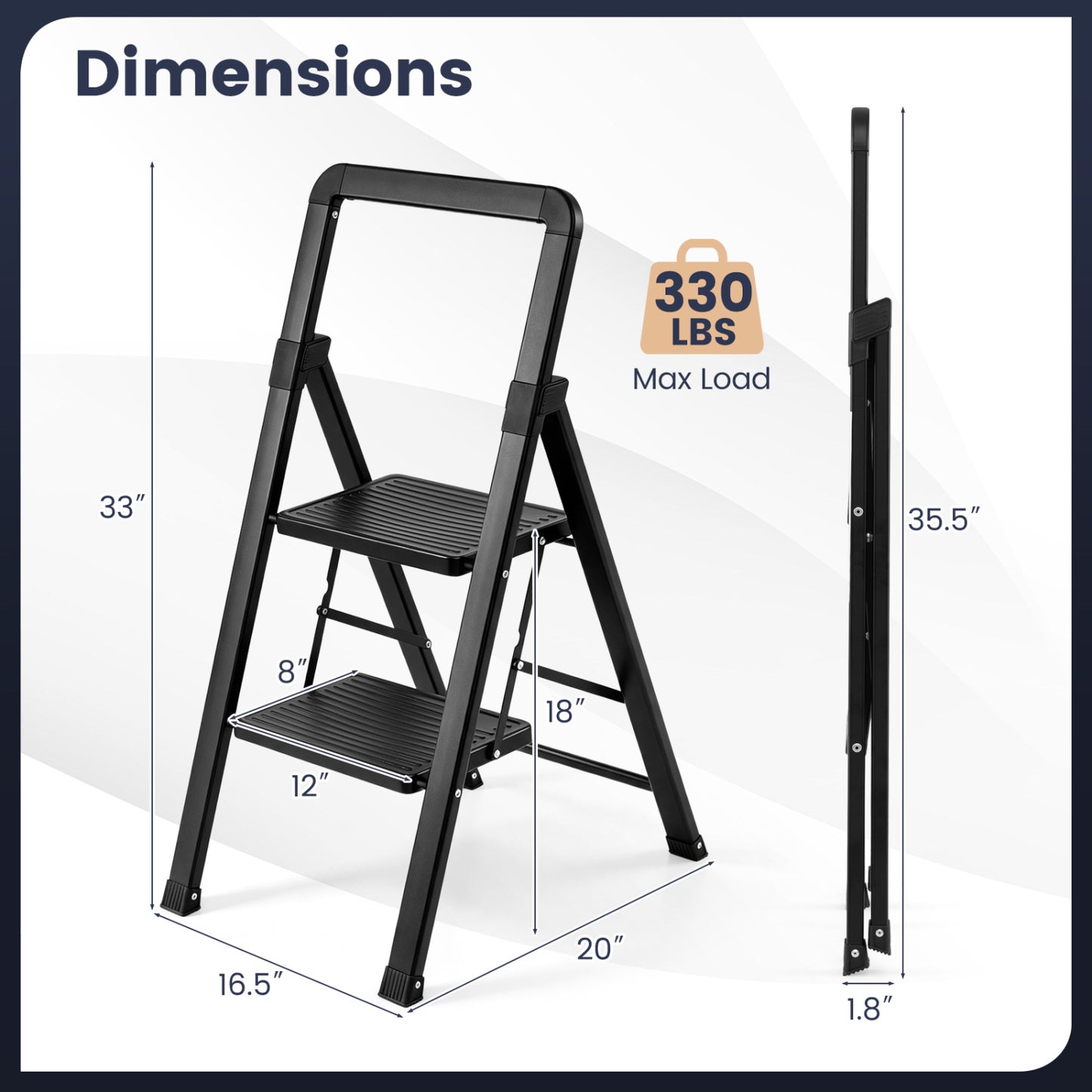 3 Step Black Folding Step Stool with Wide Anti-slip Pedals