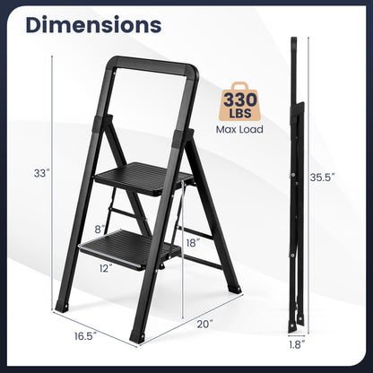 3 Step Black Folding Step Stool with Wide Anti-slip Pedals