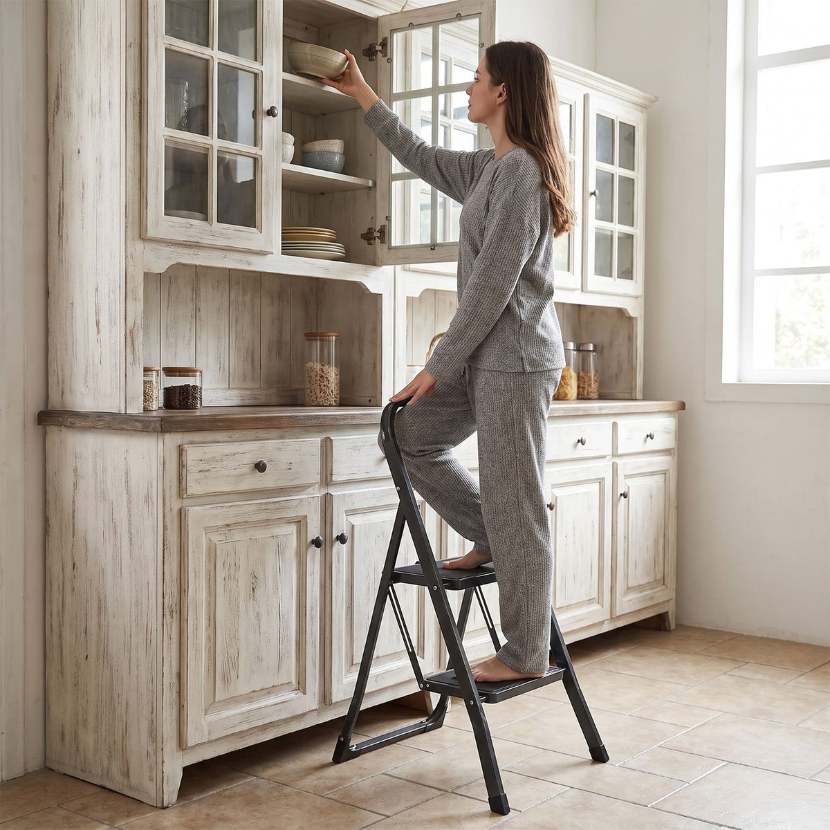 2 Step Ladder Folding Step Stool with Handrail and Wide Anti-Slip Pedals