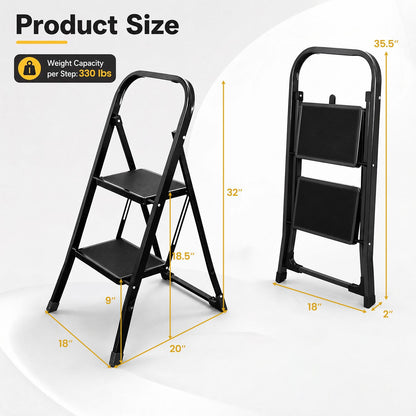 2 Step Ladder Folding Step Stool with Handrail and Wide Anti-Slip Pedals