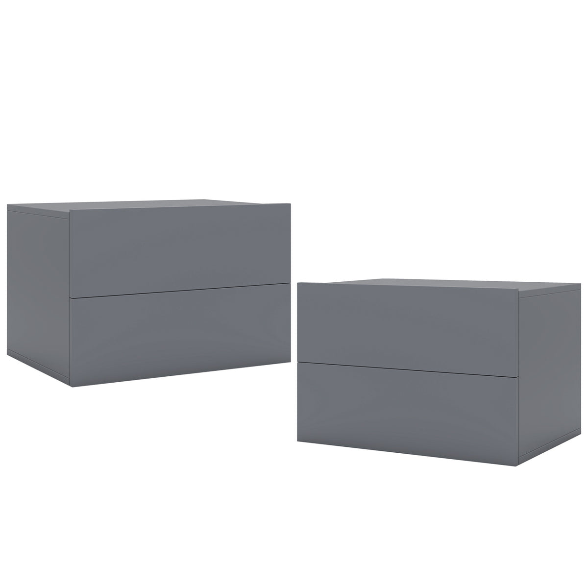 Black wall-mounted floating nightstand with two storage drawers, ideal for bedroom organization and space-saving furniture.