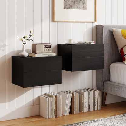 Black wall-mounted nightstand with two storage drawers, ideal for bedroom bedrooms or modern bedroom decor.