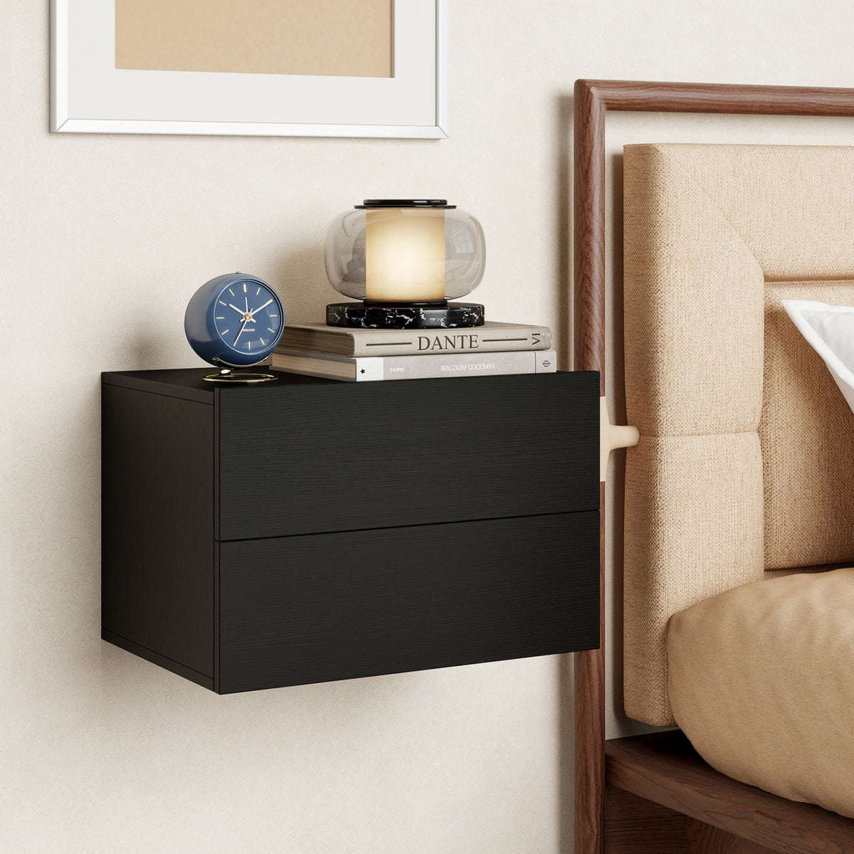 Black wall-mounted nightstand with two storage drawers, modern floating bedroom furniture by Wilsons Home Store.