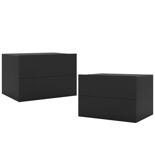 Black wall-mounted nightstand with two storage drawers, modern floating bedroom furniture for organized bedside storage.
