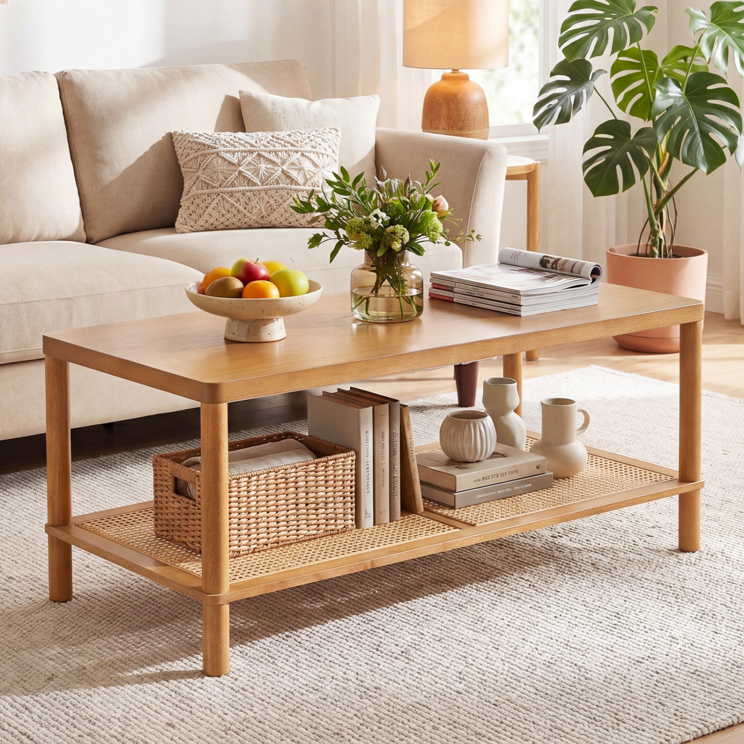 Black 2-tier boho coffee table with rubber wood frame and PVC rattan shelf for living room, rectangular center table.