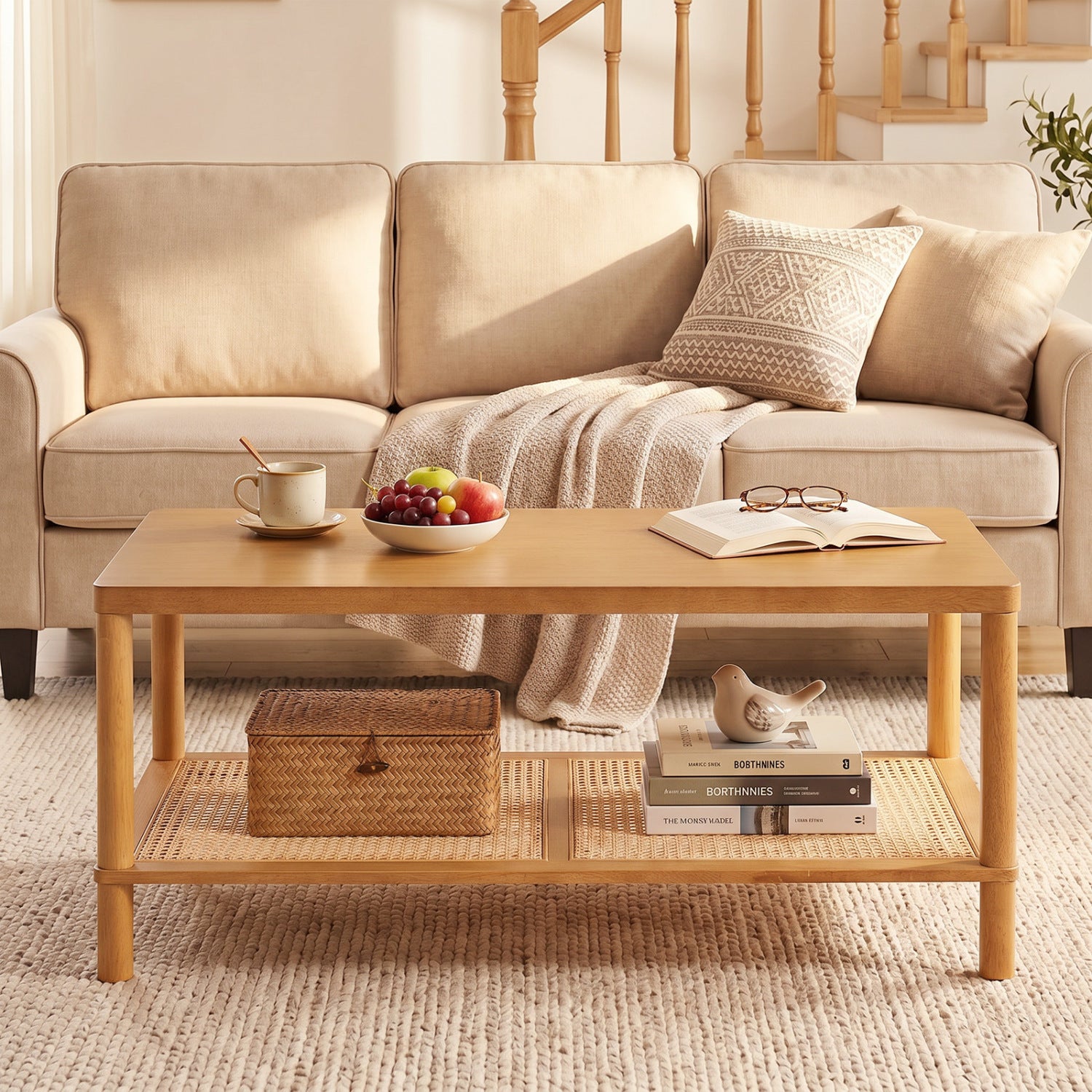 Black 2-tier boho coffee table with rubber wood frame and PVC rattan shelf, perfect for living room center table.