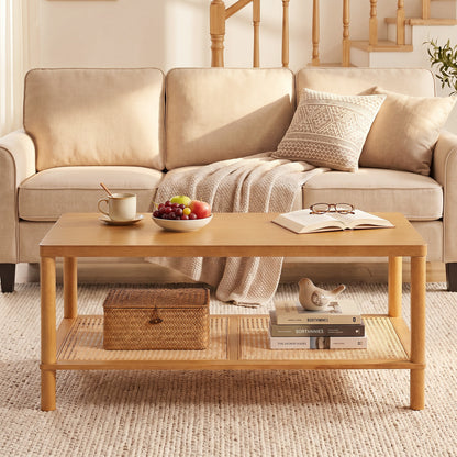 Black 2-tier boho coffee table with rubber wood frame and PVC rattan shelf, perfect for living room center table.