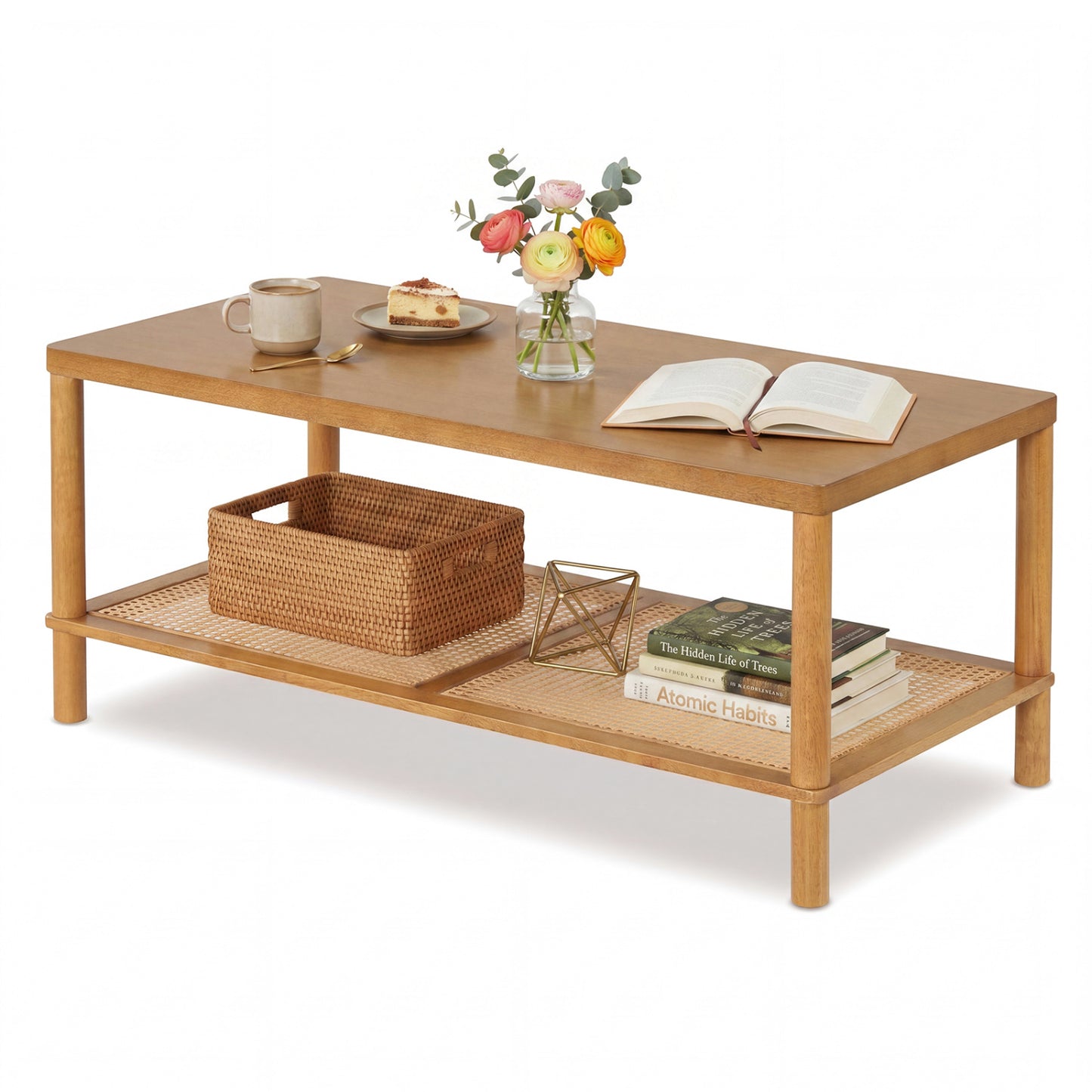 Black 2-tier boho coffee table with rubber wood frame and PVC rattan shelf for living room, modern rectangular center table.