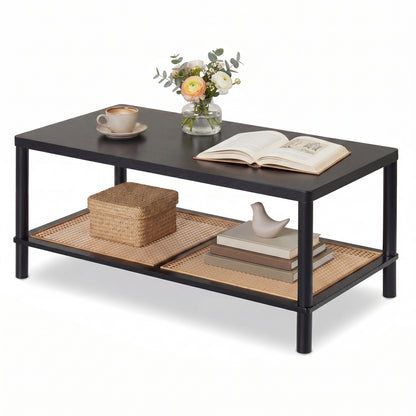 Black 2-tier boho coffee table with rubber wood frame and PVC rattan shelf, designed for living room center table use.