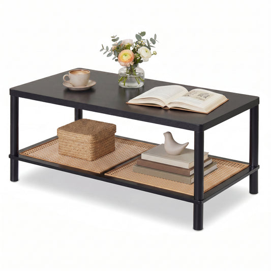 2-Tier Boho Coffee Table for Living Room Rectangular Center Table with Rubber Wood Frame and PVC Rattan Storage Shelf-Black