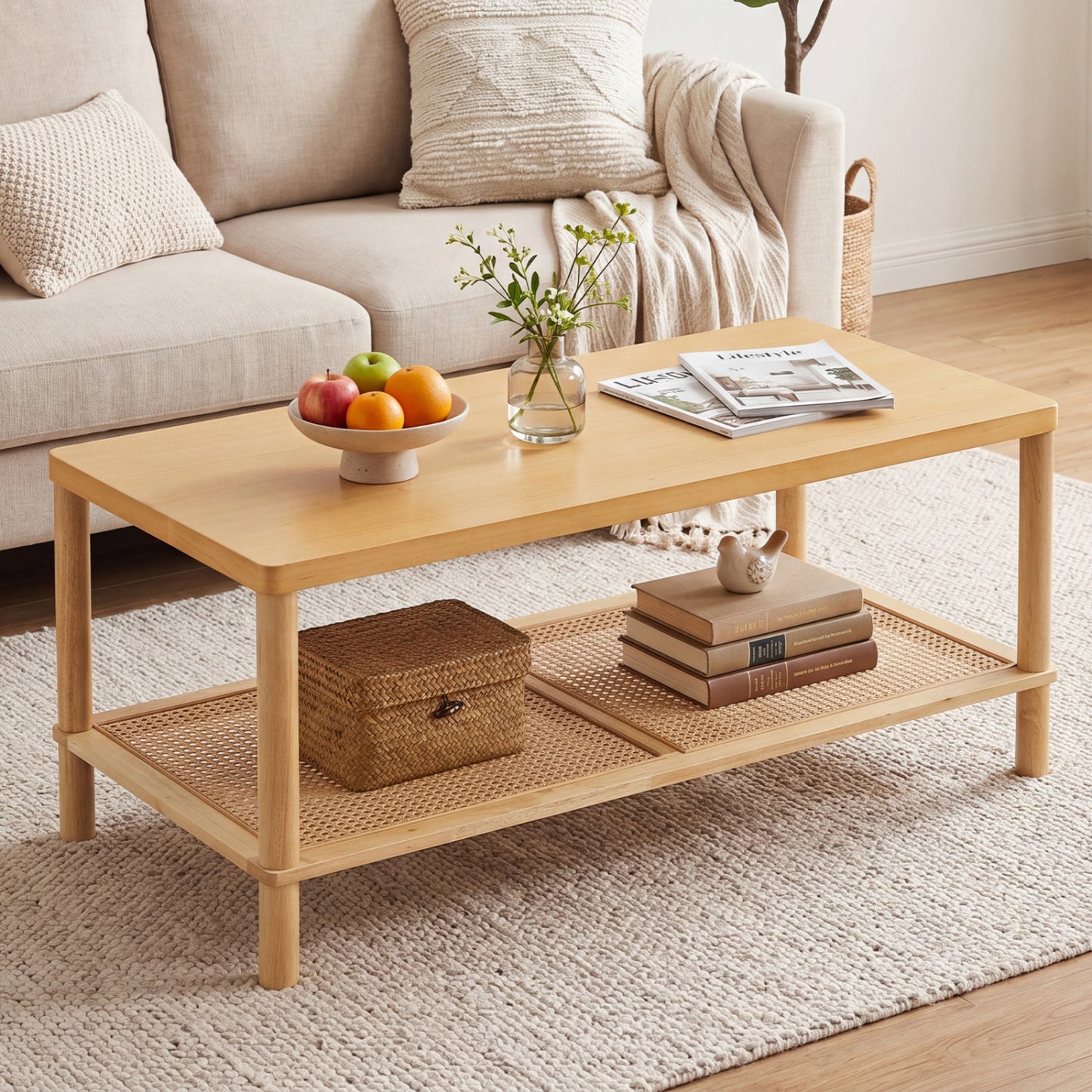 Black 2-tier boho coffee table with rubber wood frame and PVC rattan shelf for living room decor.