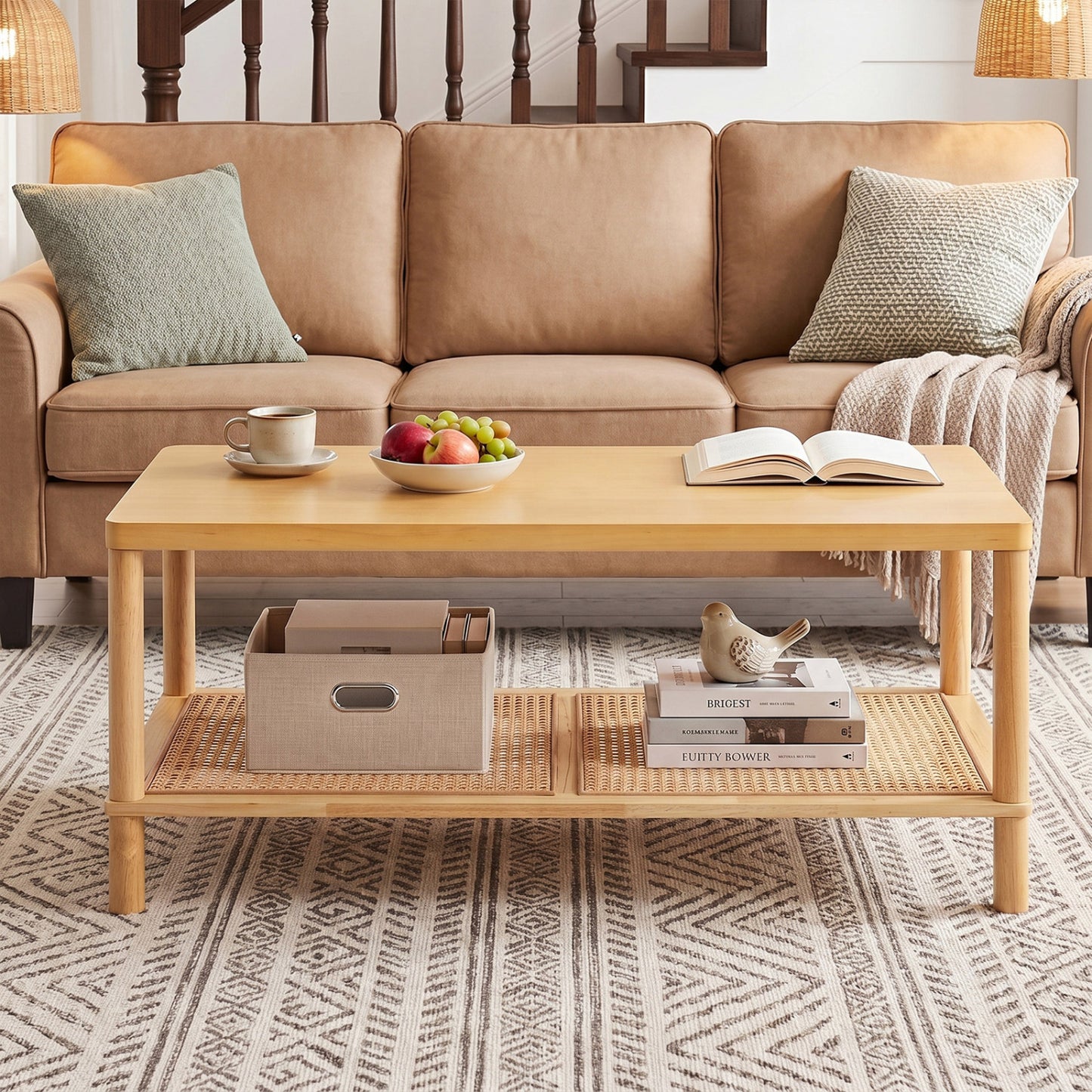 Black 2-tier boho coffee table with rubber wood frame and PVC rattan shelf, perfect for living room decor.