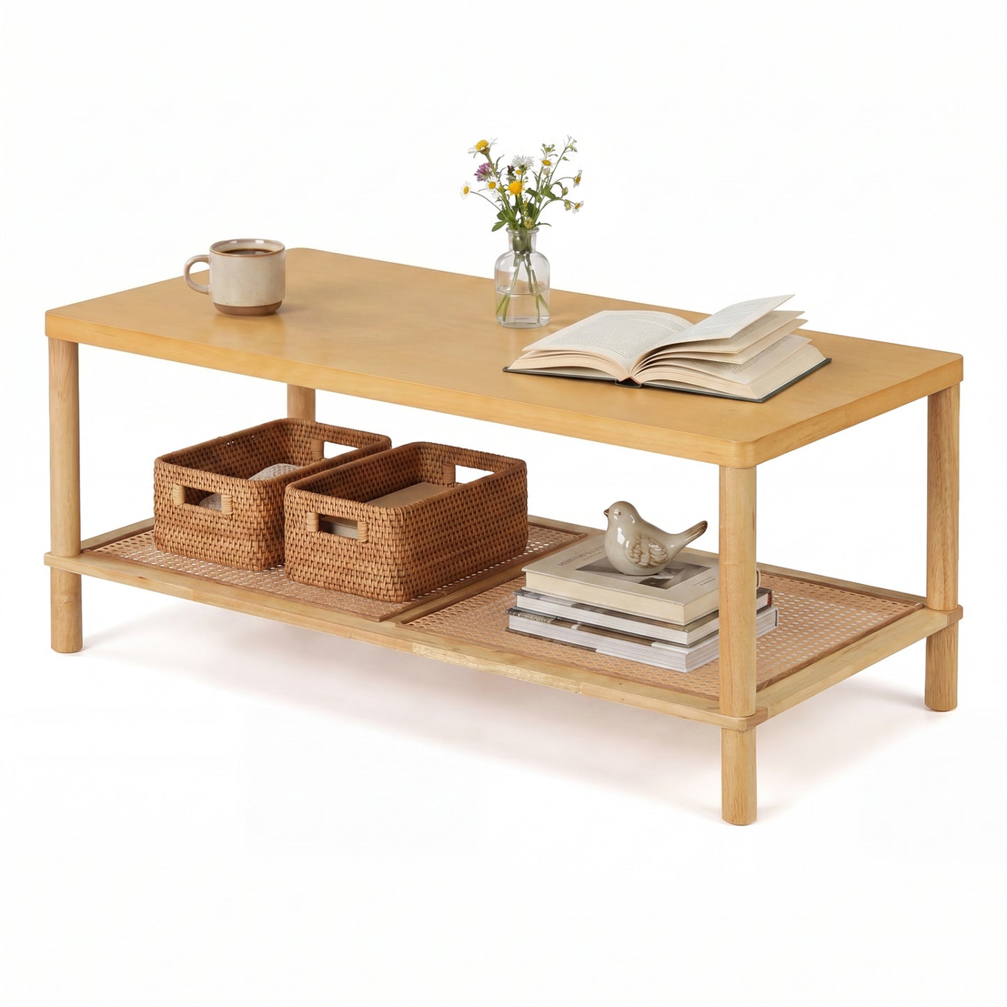 Black 2-tier boho coffee table with rubber wood frame and PVC rattan shelf, perfect for living room center table decor.