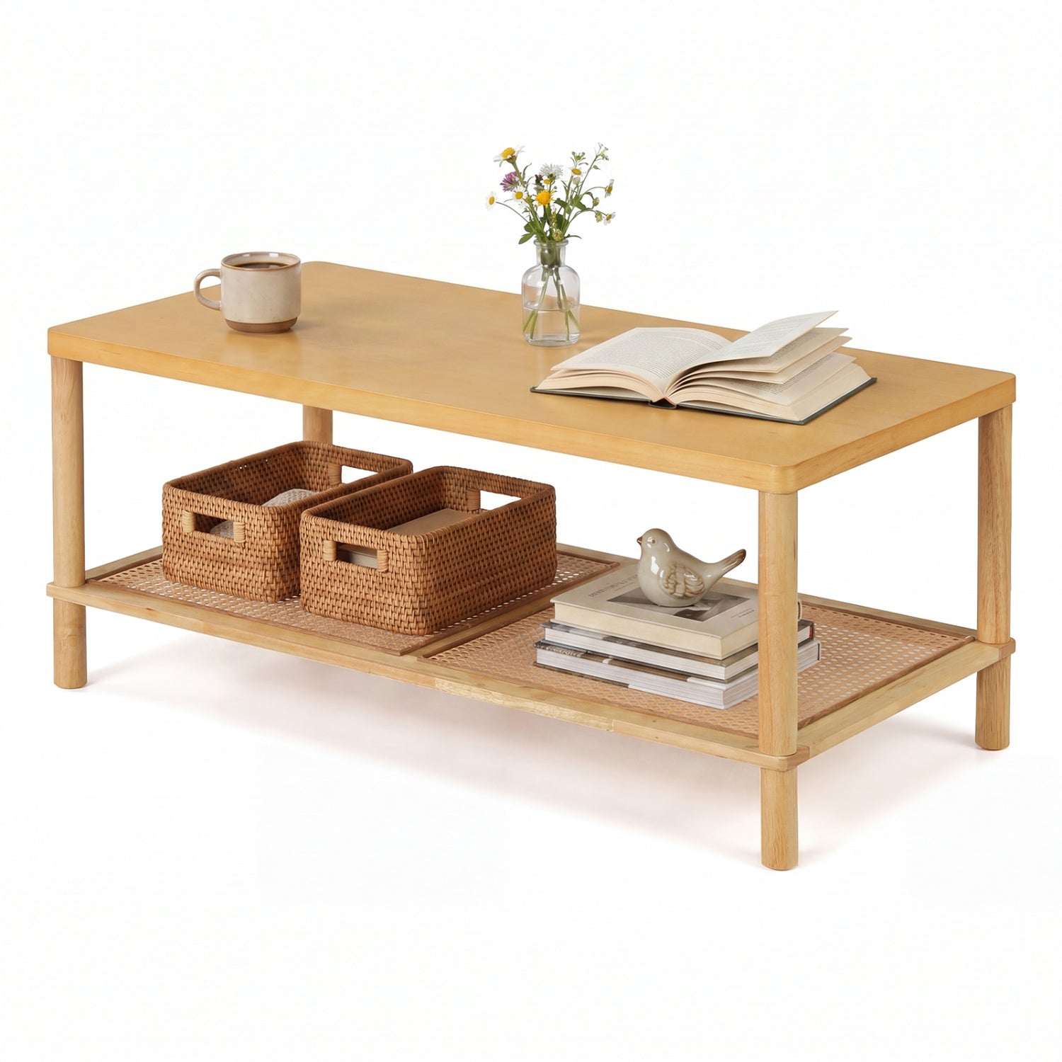 Black 2-tier boho coffee table with rubber wood frame and PVC rattan shelf, perfect for living room center table decor.
