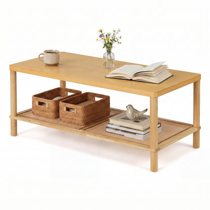 Black 2-tier boho coffee table with rubber wood frame and PVC rattan shelf, perfect for living room center table decor.