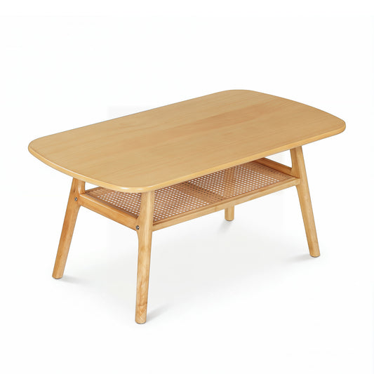 Natural 2-tier boho rattan coffee table with rounded corners, perfect for living room decor, by Wilsons Home Store.