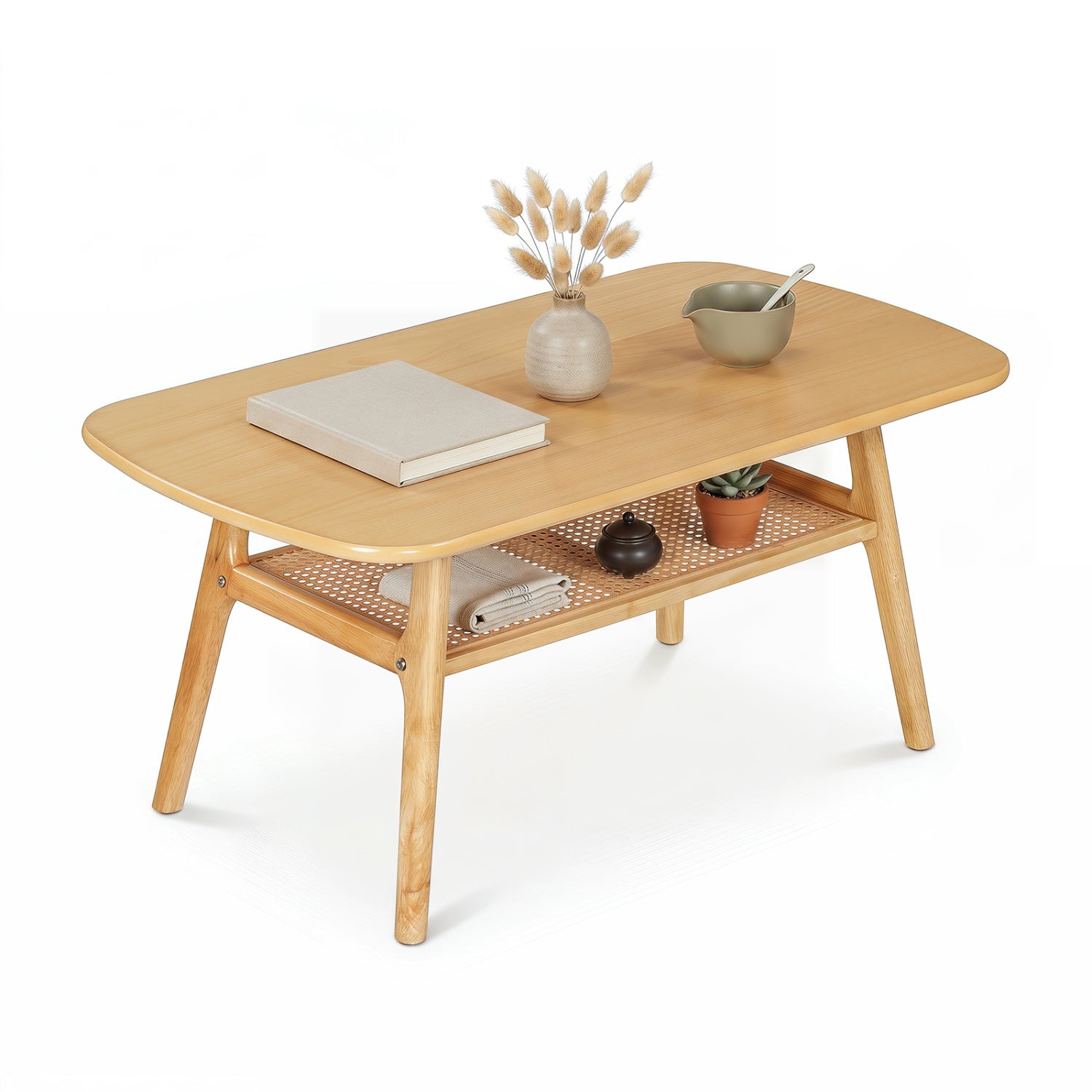 Natural 2-tier boho rattan coffee table with rounded corners, stylish living room furniture by Wilsons Home Store.