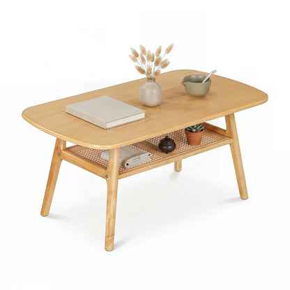Natural 2-tier boho rattan coffee table with rounded corners, stylish living room furniture by Wilsons Home Store.