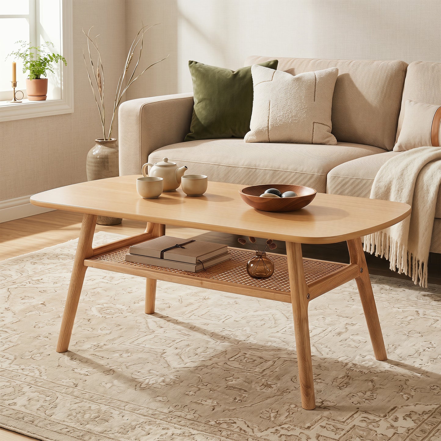 Natural 2-tier boho rattan coffee table with rounded corners, ideal for living room decor, by Wilsons Home Store.