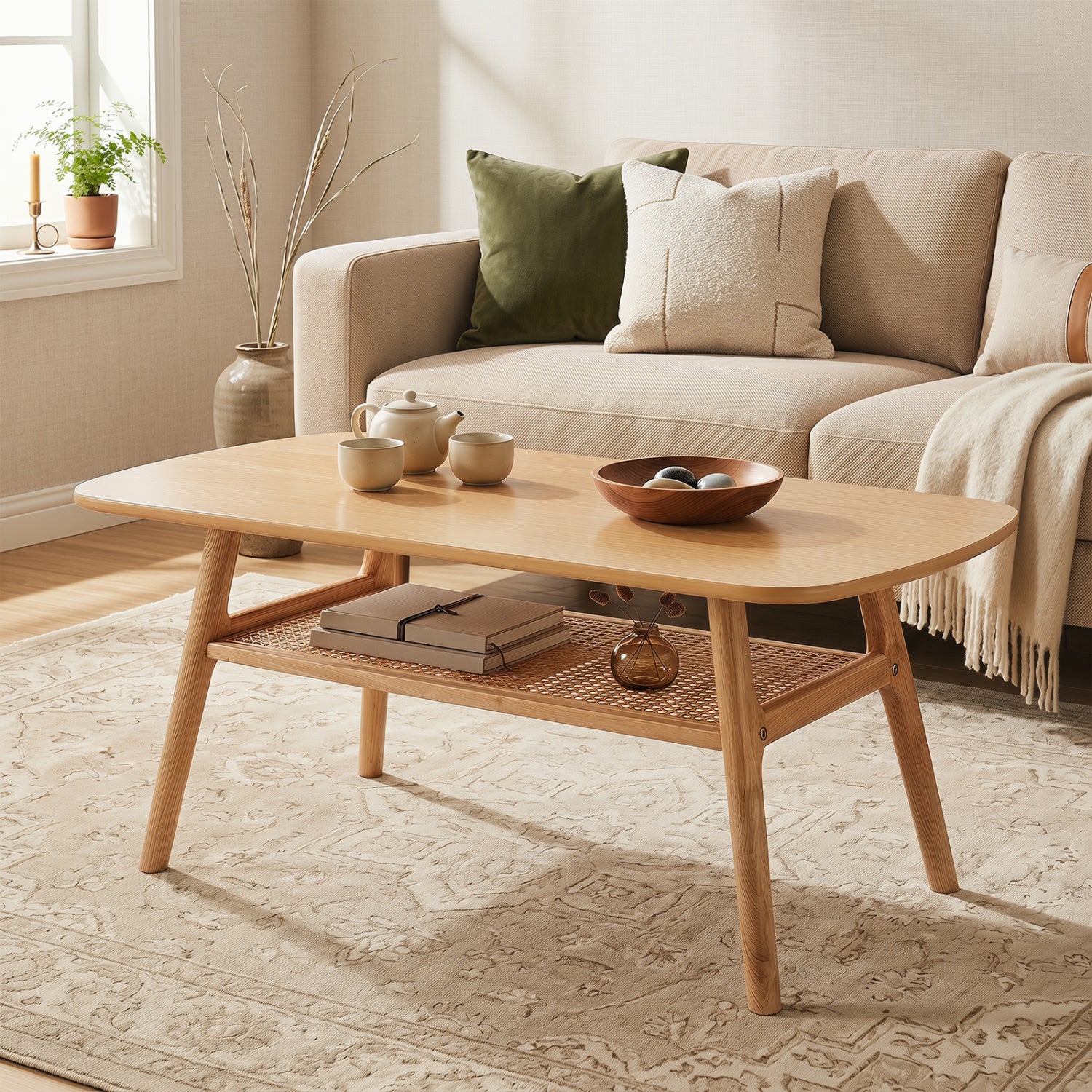 Natural 2-tier boho rattan coffee table with rounded corners, ideal for living room decor, by Wilsons Home Store.