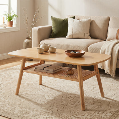 Natural 2-tier boho rattan coffee table with rounded corners, ideal for living room decor, by Wilsons Home Store.