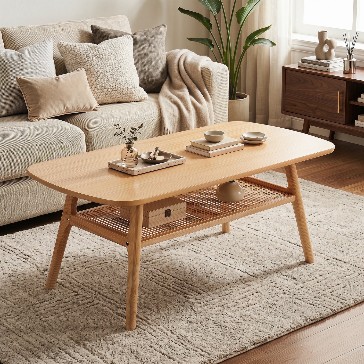 Natural 2-tier boho rattan coffee table with rounded corners, modern living room furniture by Wilsons Home Store
