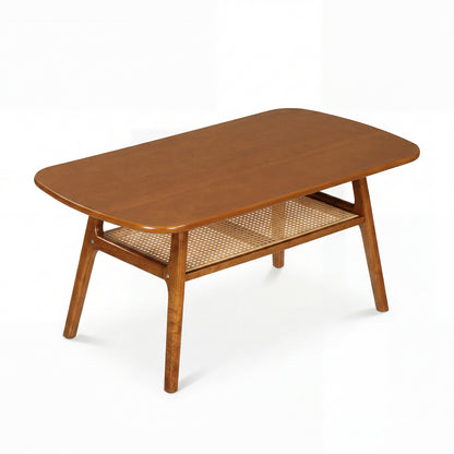 Natural 2-tier boho rattan coffee table with rounded corners, featuring a stylish woven design for living room decor.