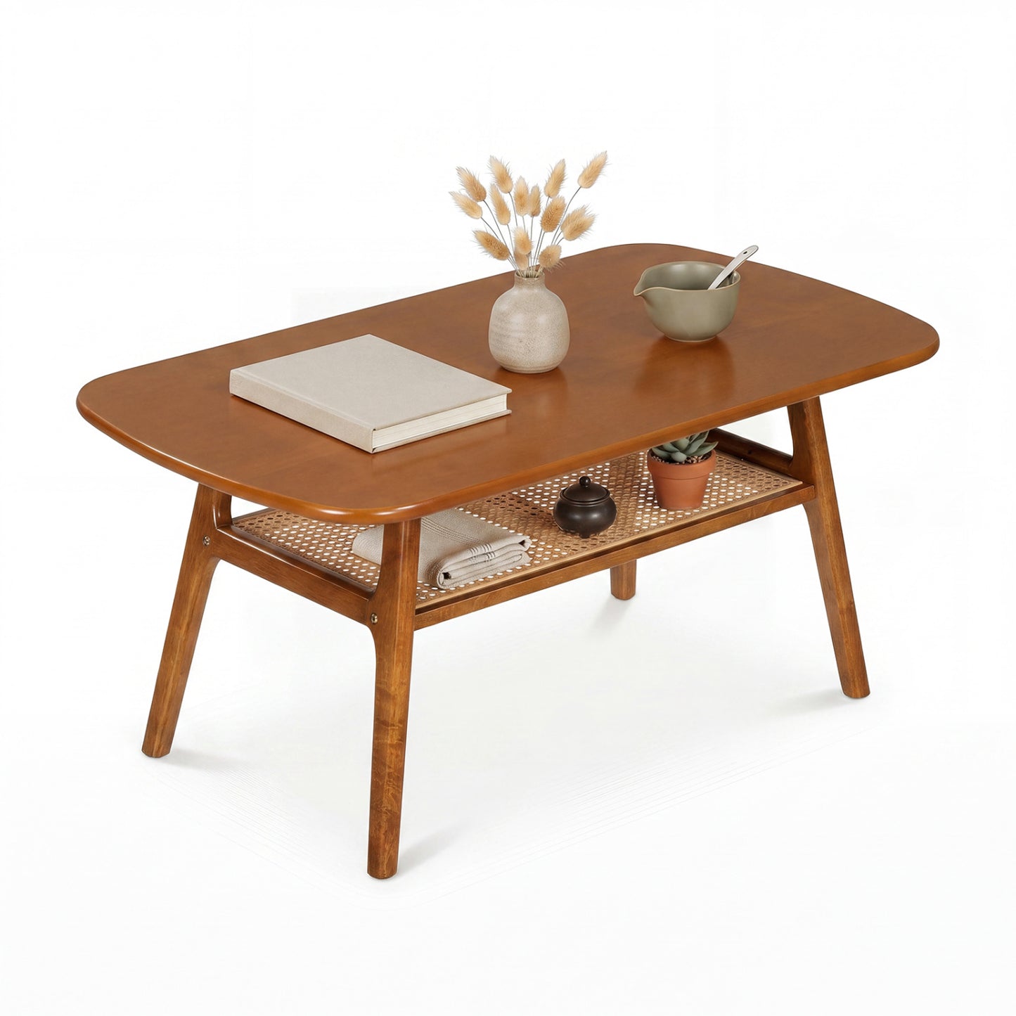 Two-tier boho rattan coffee table with rounded corners, natural finish, and woven design, ideal for living room decor.
