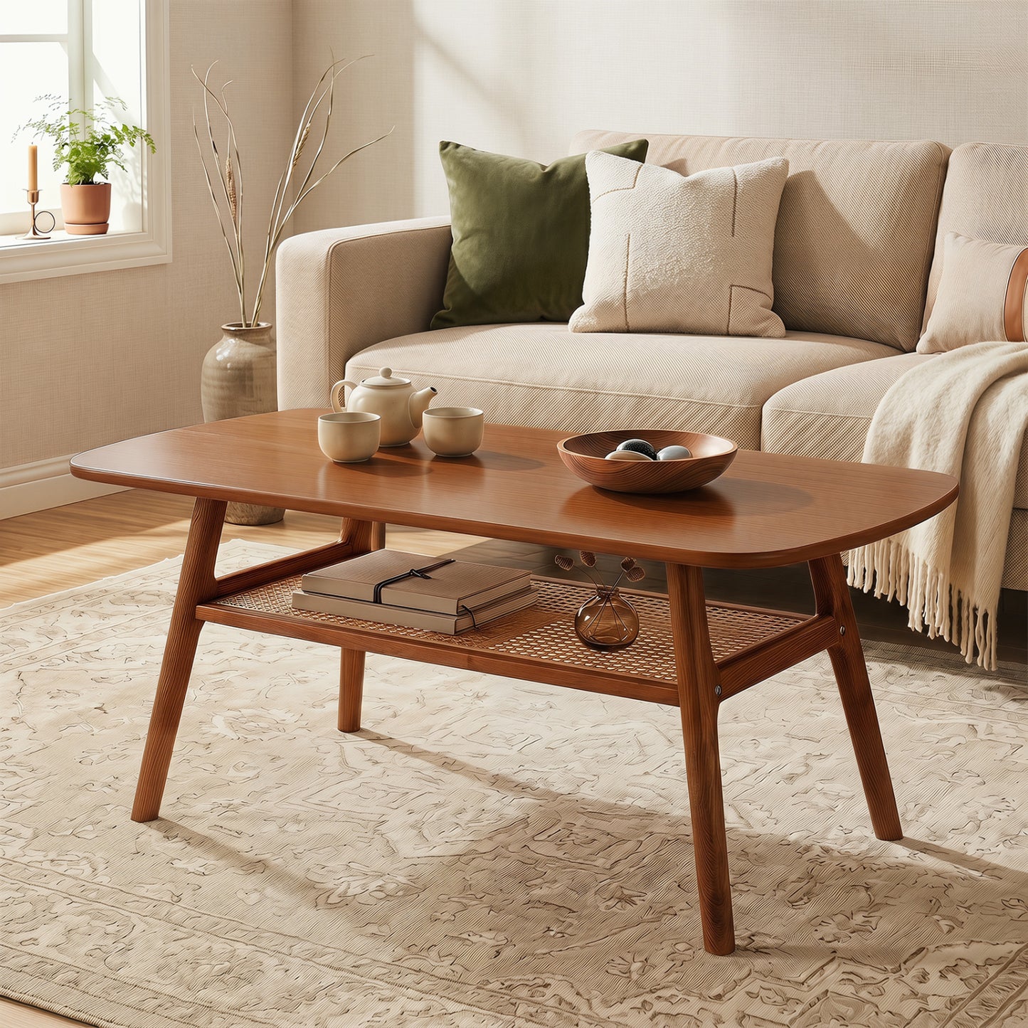 Natural 2-tier boho rattan coffee table with rounded corners, ideal for living room decor, by Wilsons Home Store