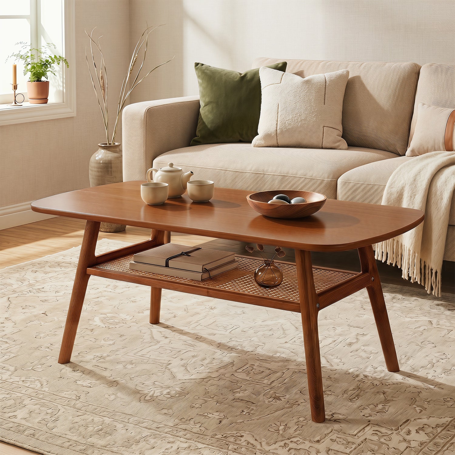 Natural 2-tier boho rattan coffee table with rounded corners, ideal for living room decor, by Wilsons Home Store
