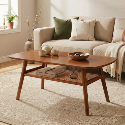 Natural 2-tier boho rattan coffee table with rounded corners, ideal for living room decor, by Wilsons Home Store