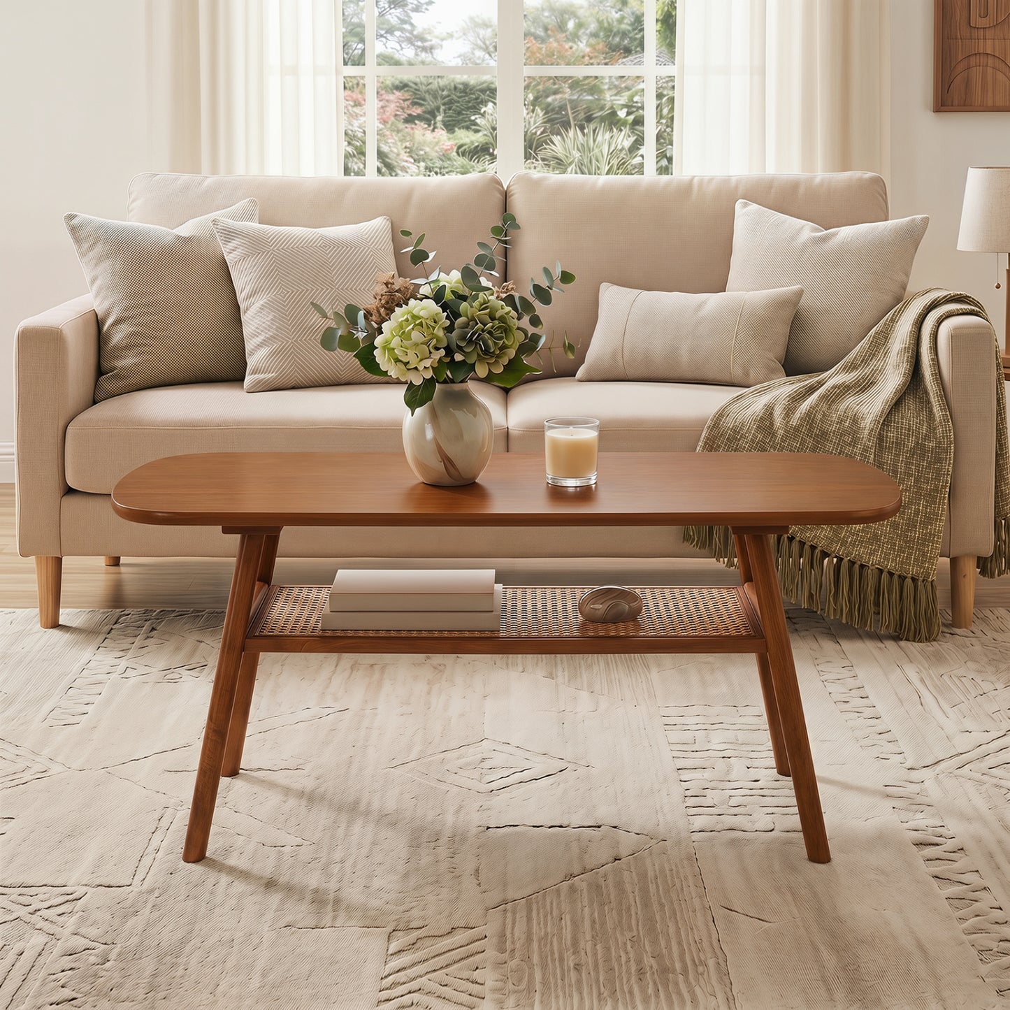 Natural 2-tier boho rattan coffee table with rounded corners, stylish living room furniture by Wilsons Home Store.