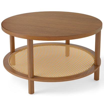 Round boho rattan coffee table with two tiers and storage shelf in walnut finish, suitable for living room decor.