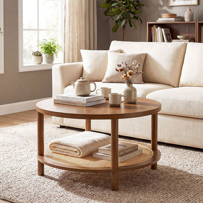 Boho round rattan coffee table with two tiers and storage shelf in walnut finish, perfect for living room decor.