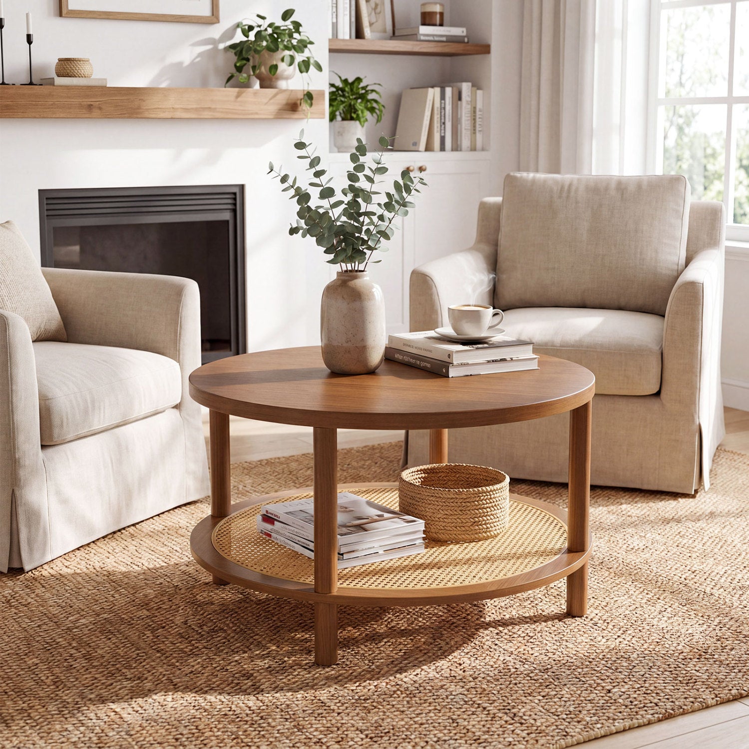 Boho round rattan coffee table with two tiers and storage shelf in walnut finish, stylish living room furniture.