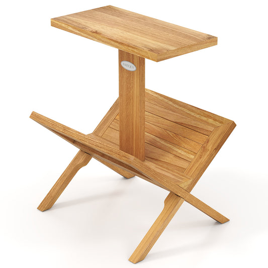 2-Tier Bookshelf with Teak Wood Frame and Anti-Slip Foot Mats for Small Spaces