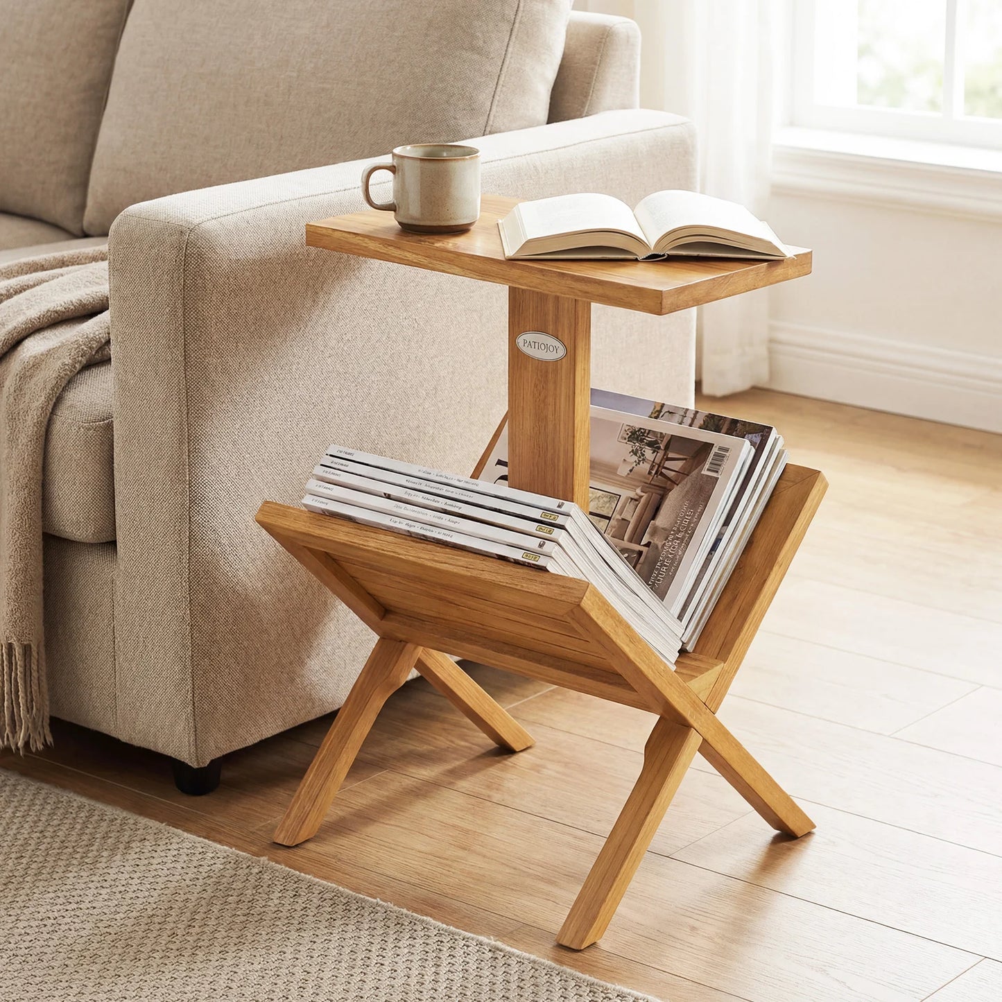 2-Tier Bookshelf with Teak Wood Frame and Anti-Slip Foot Mats for Small Spaces