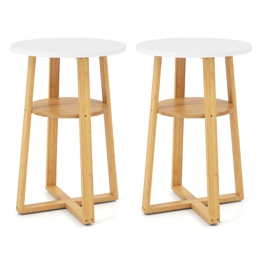 Set of two 2-tier end tables with X-shaped bases, white and natural finishes, featuring lower shelves and anti-slip foot pads.